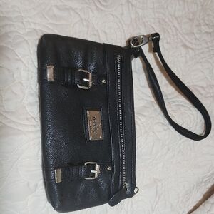 Nicole Miller Black Leather Wristlet Clutch with Silver Hardware (D-19)